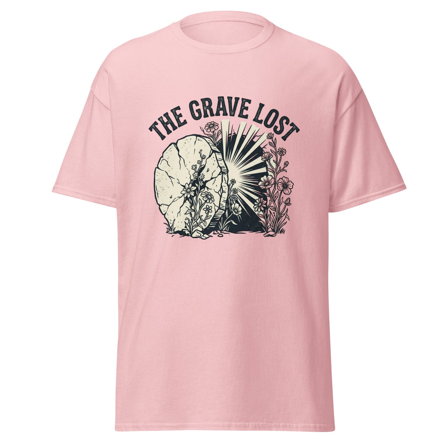 light pink T-shirt that says "the grave lost" with a picture of an empty tomb.