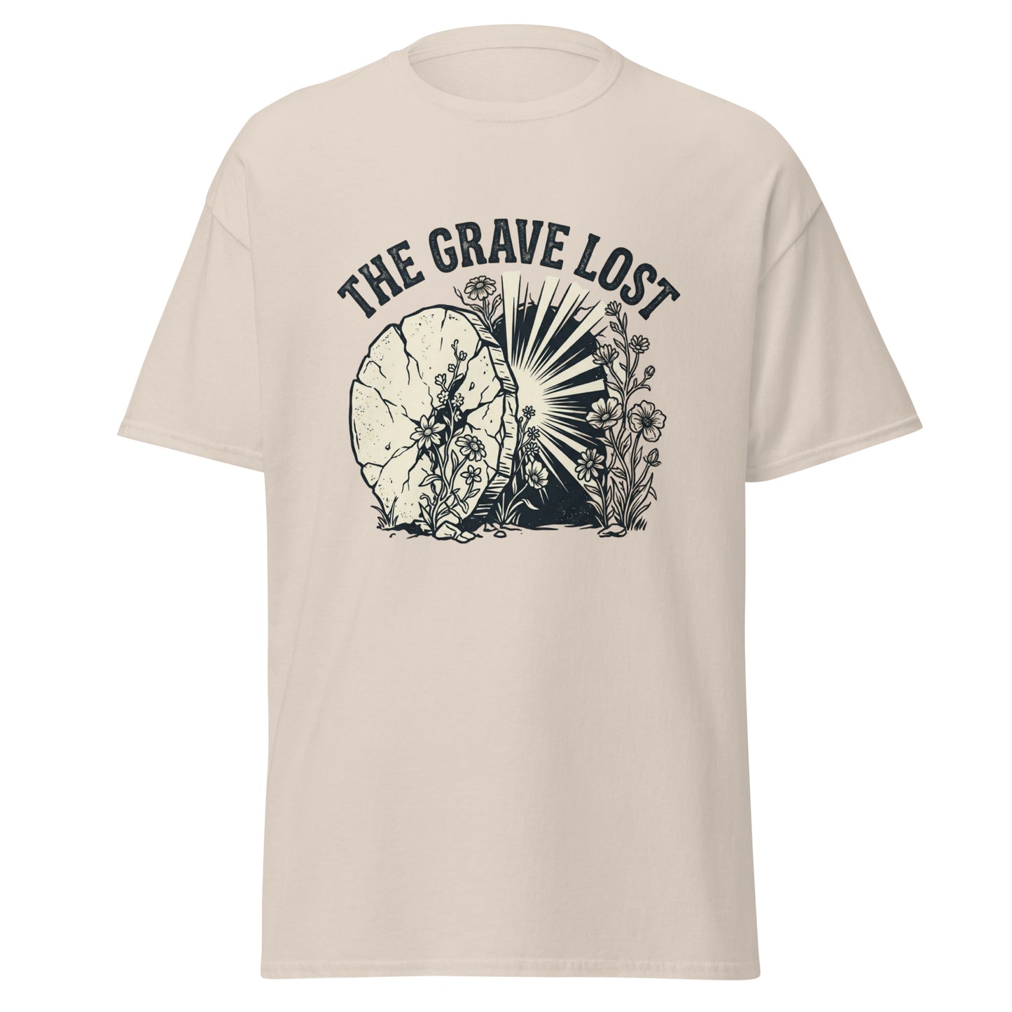 Cream colored T-shirt that says "The grave lost" with a picture of an empty tomb.