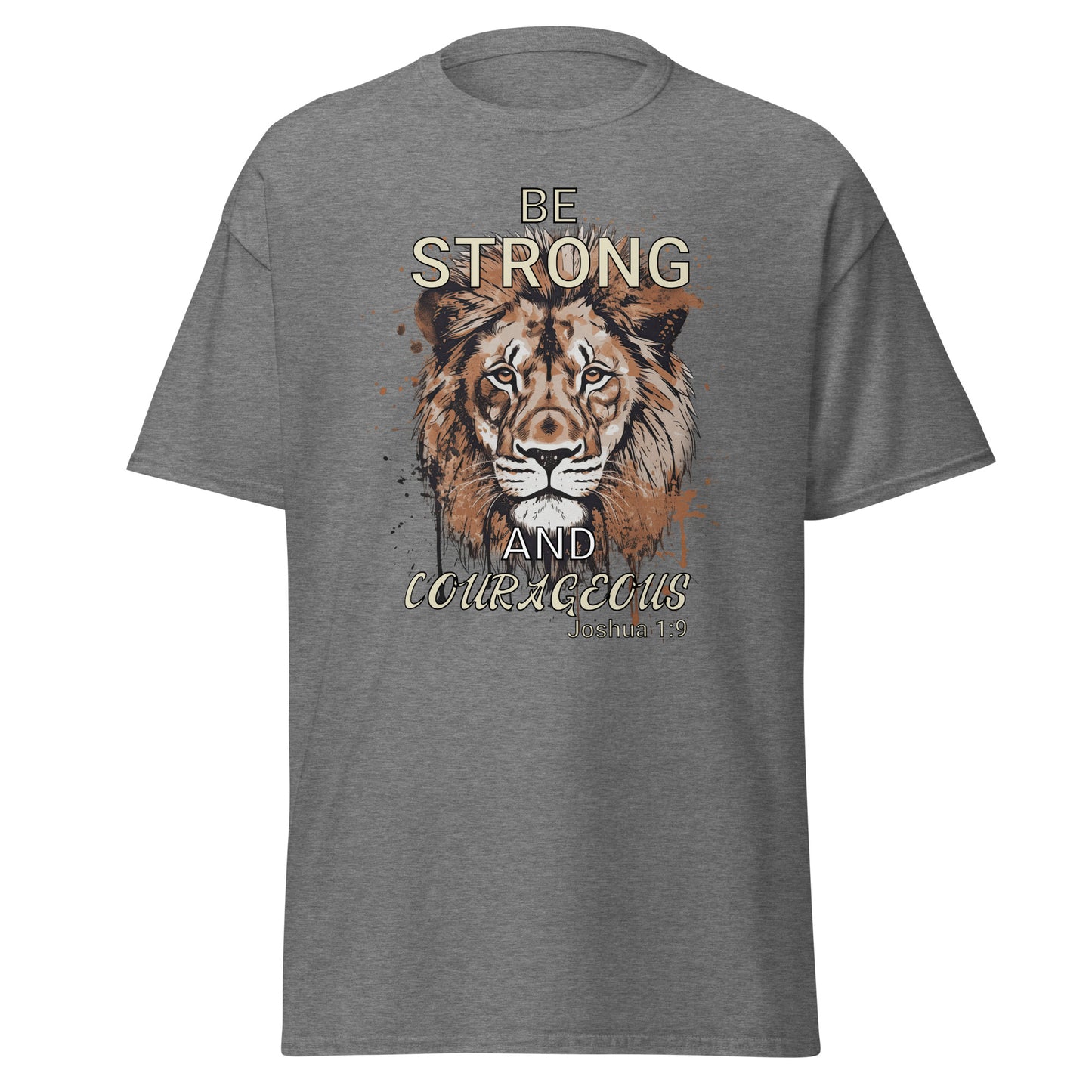 Gray t-shirt with a lion graphic and motivational text on a white background