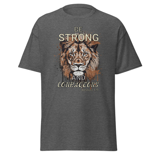 Dark gray t-shirt with a lion graphic and motivational text on a white background