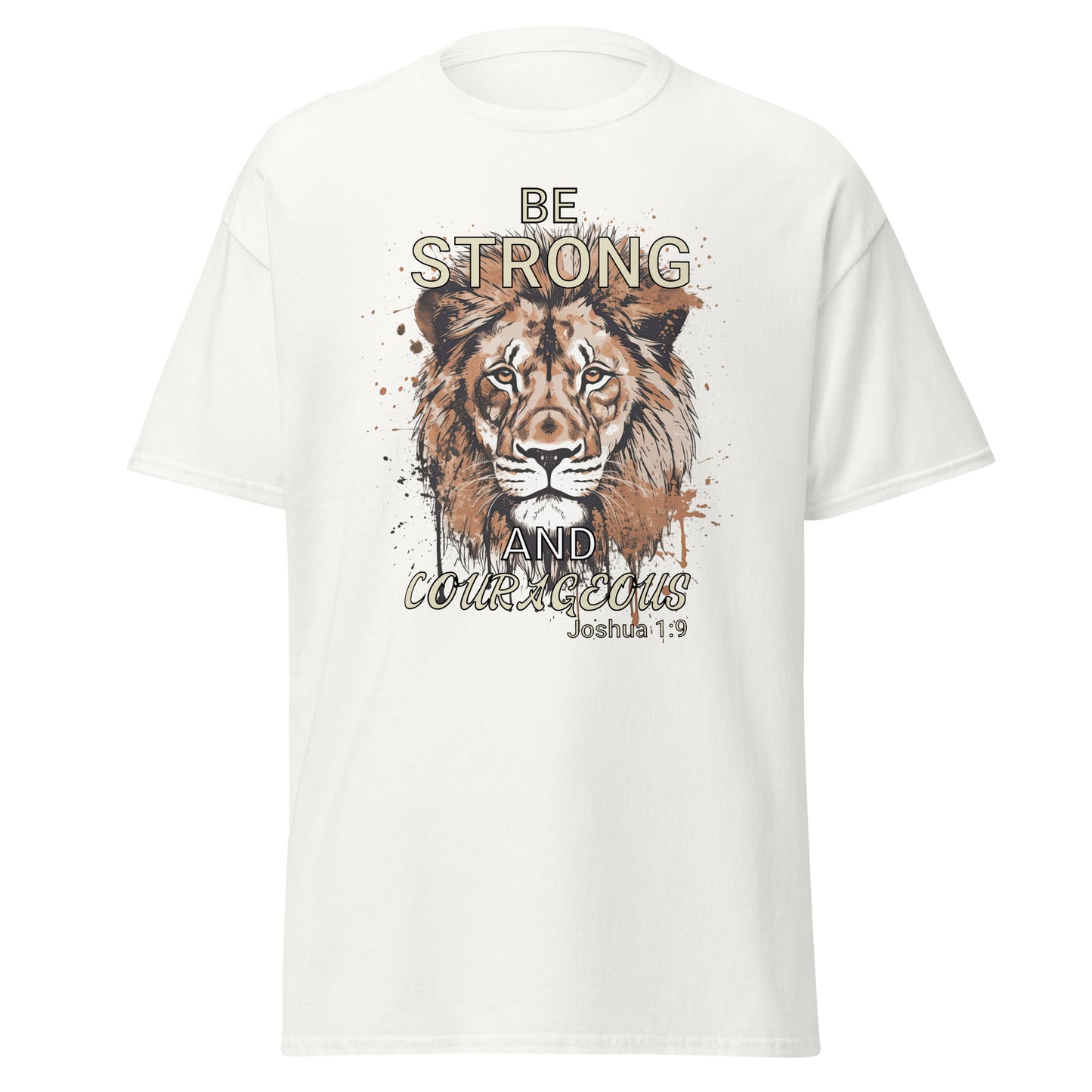 White t-shirt with a lion graphic and motivational text on a white background