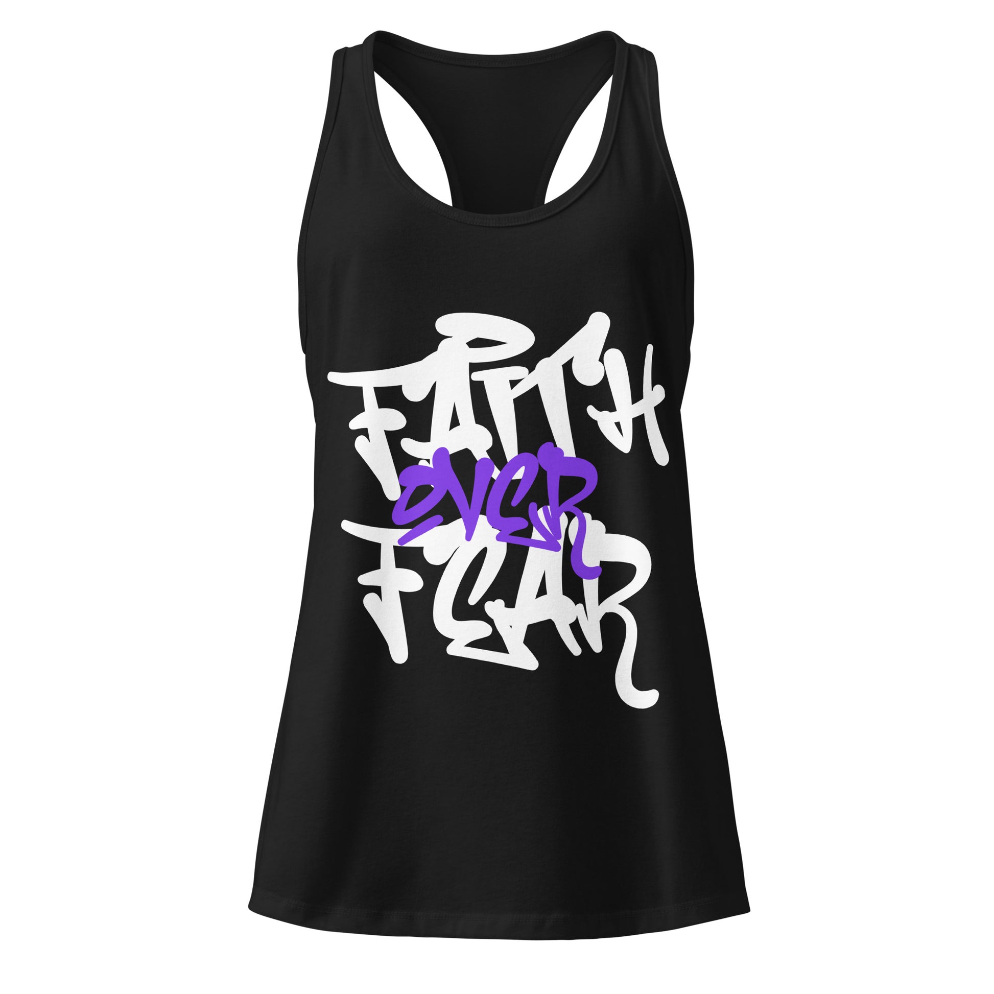 Black tank top with white and purple text