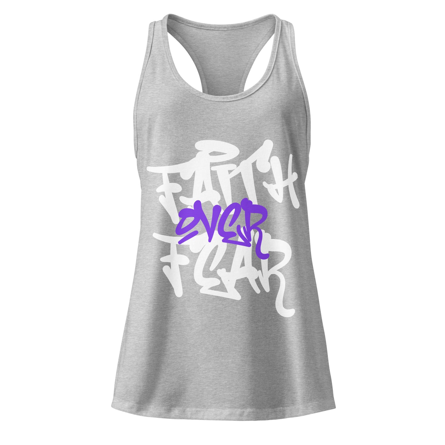Gray tank top with white and purple text