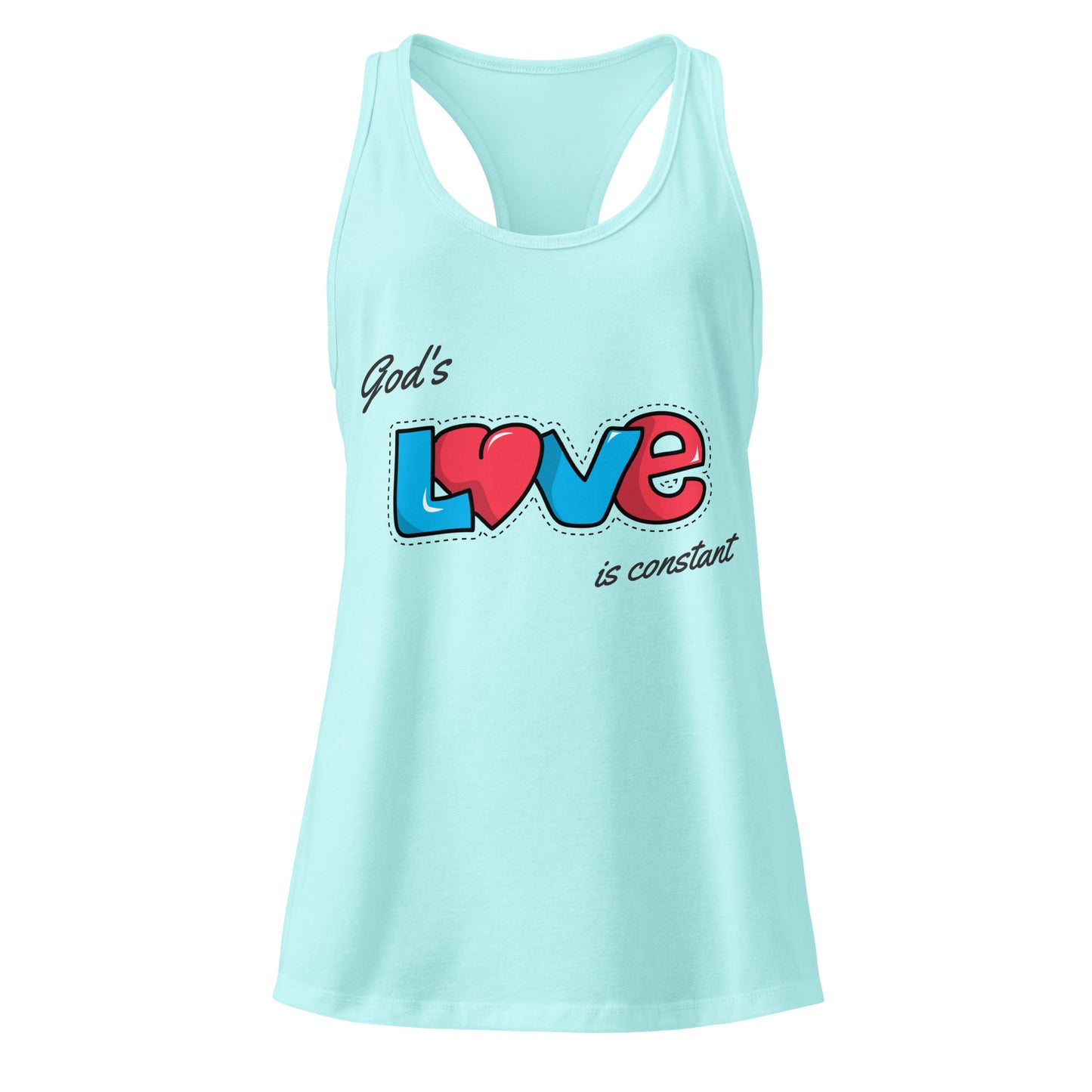 blue tank top with 'God's Love is Constant' text and heart design