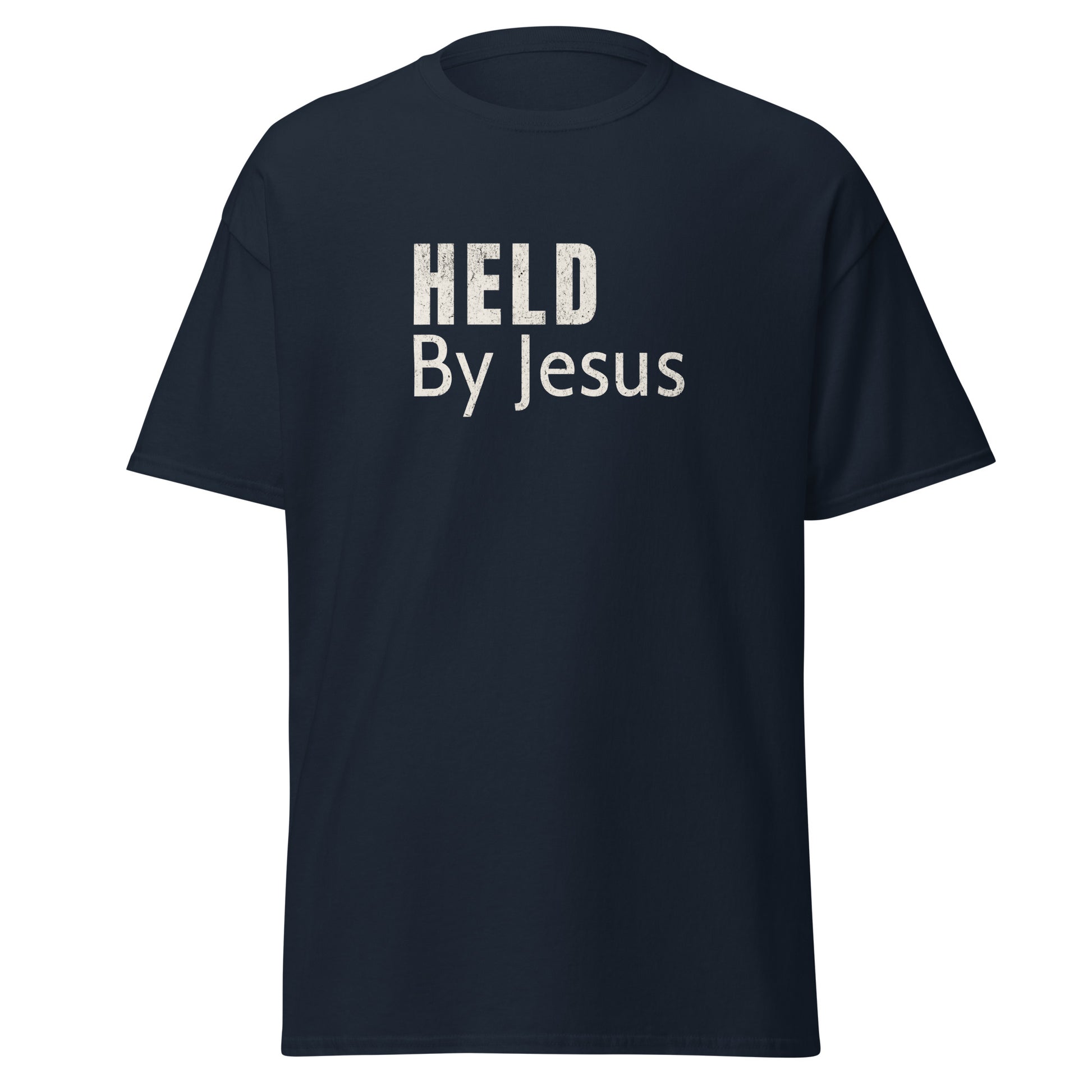navy t shirt that says "Held by Jesus"