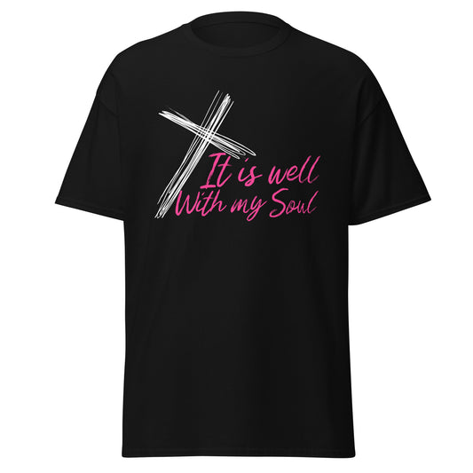 Black t-shirt with a white cross and pink text 'It is well With my Soul'