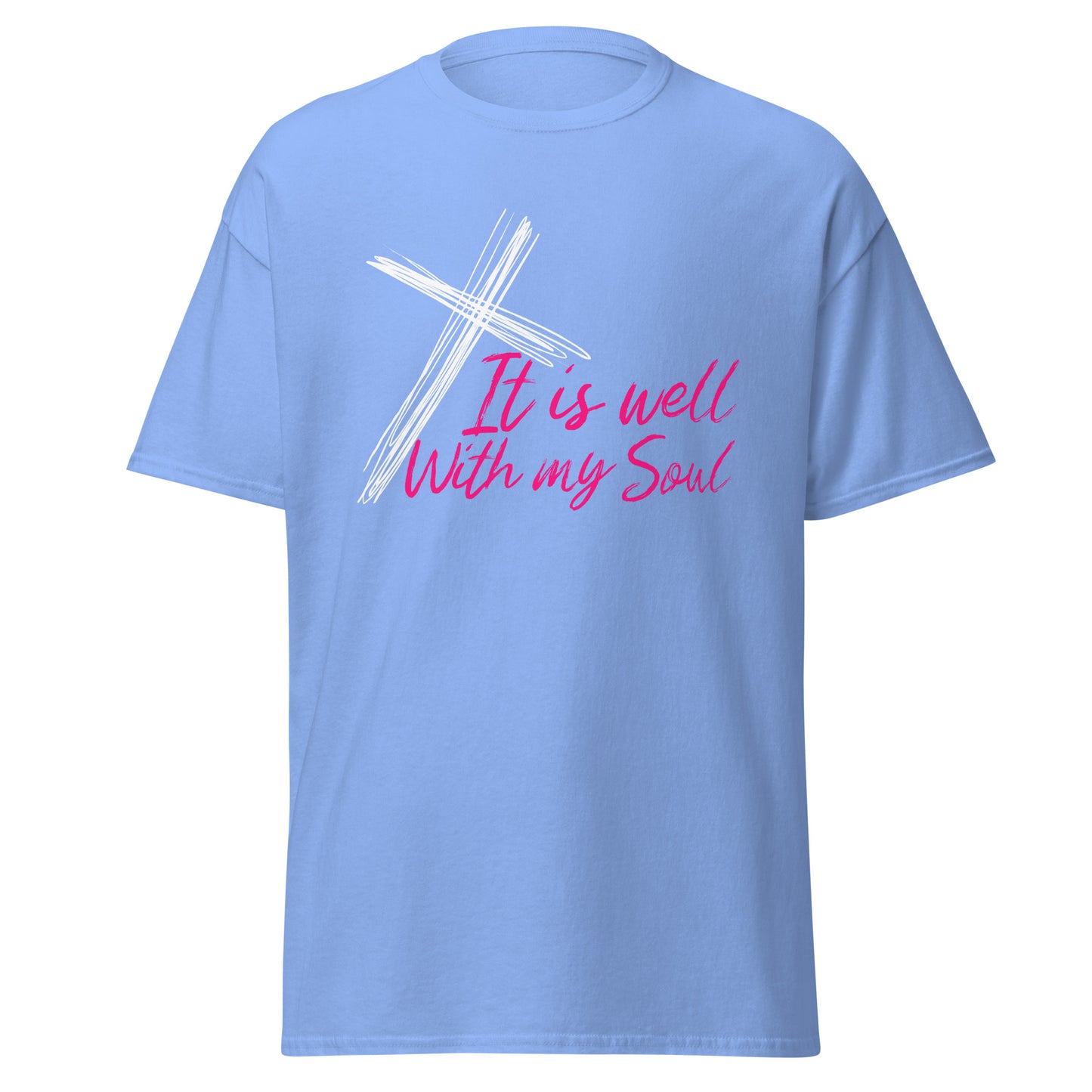 Light blue t-shirt with a white cross and pink text 'It is well With my Soul'