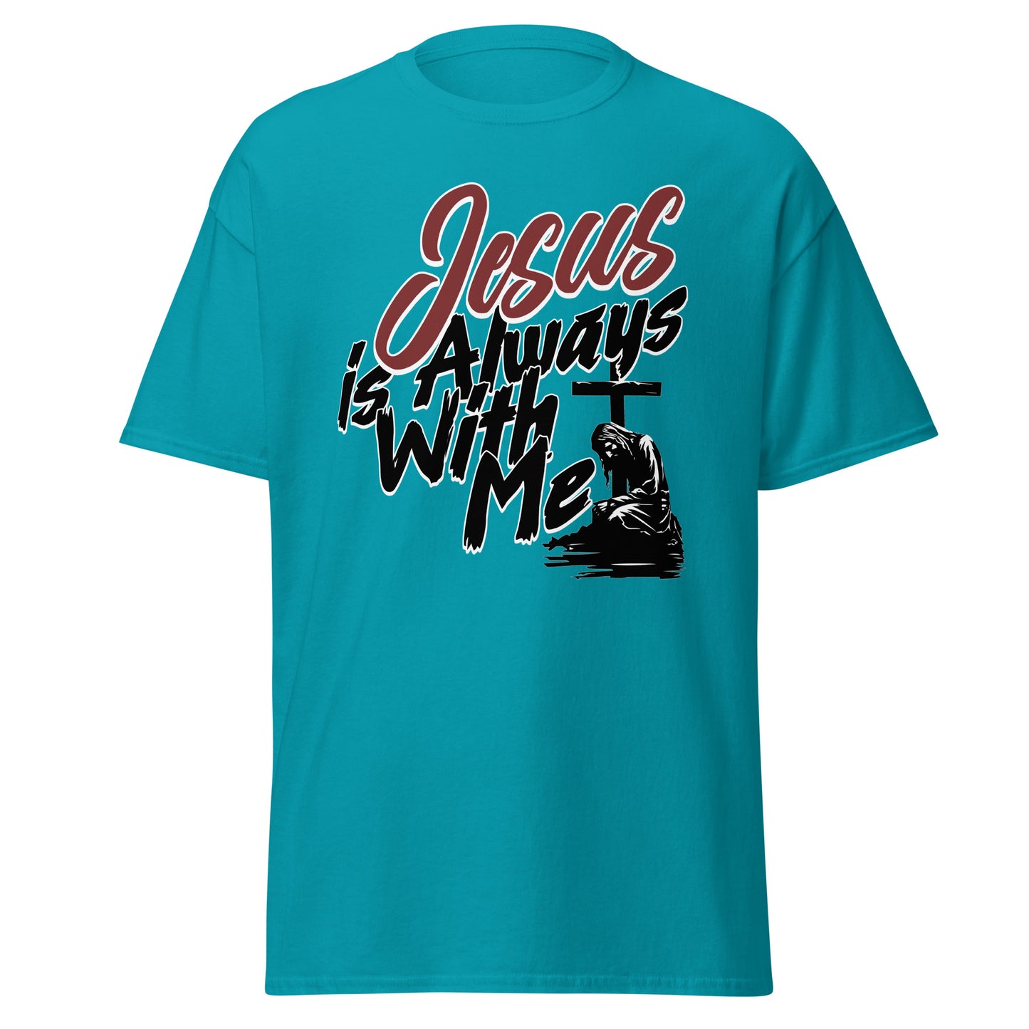 blue t-shirt with 'Jesus is Always With Me' text and cross graphic