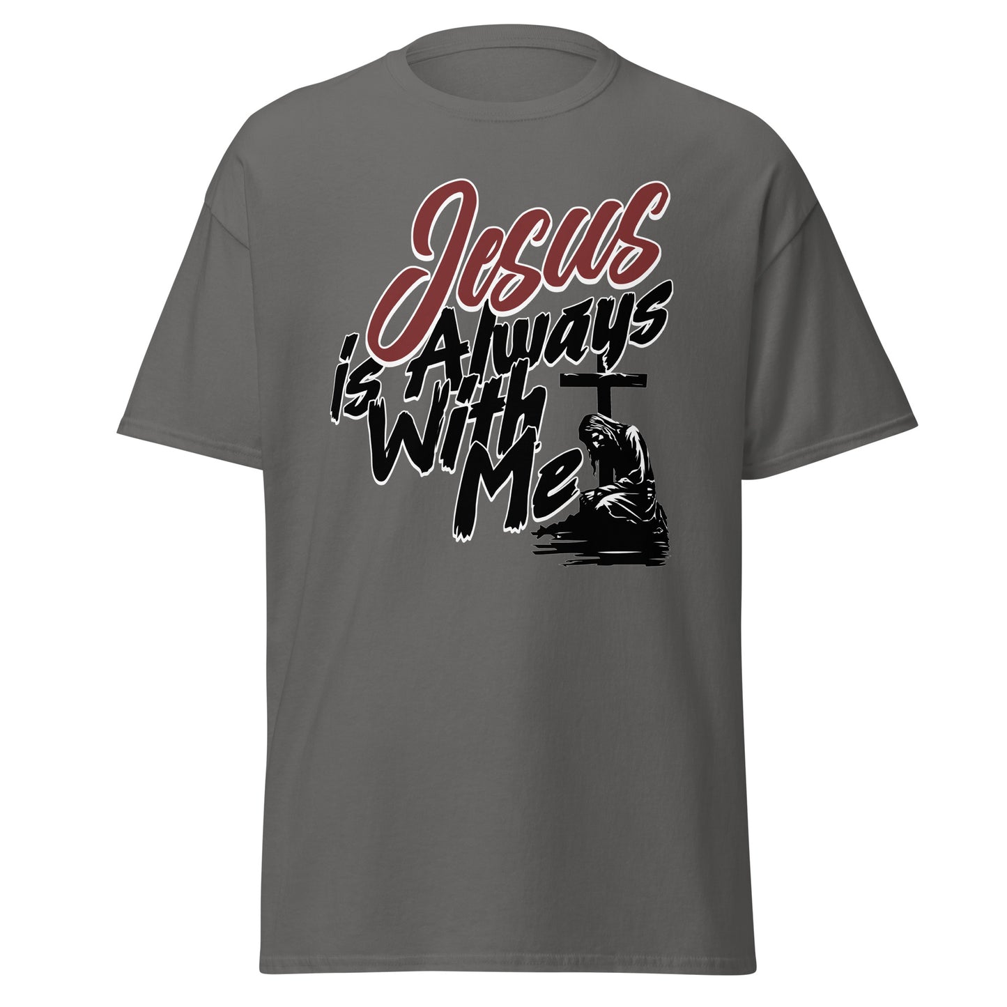 gray t-shirt with 'Jesus is Always With Me' text and cross graphic