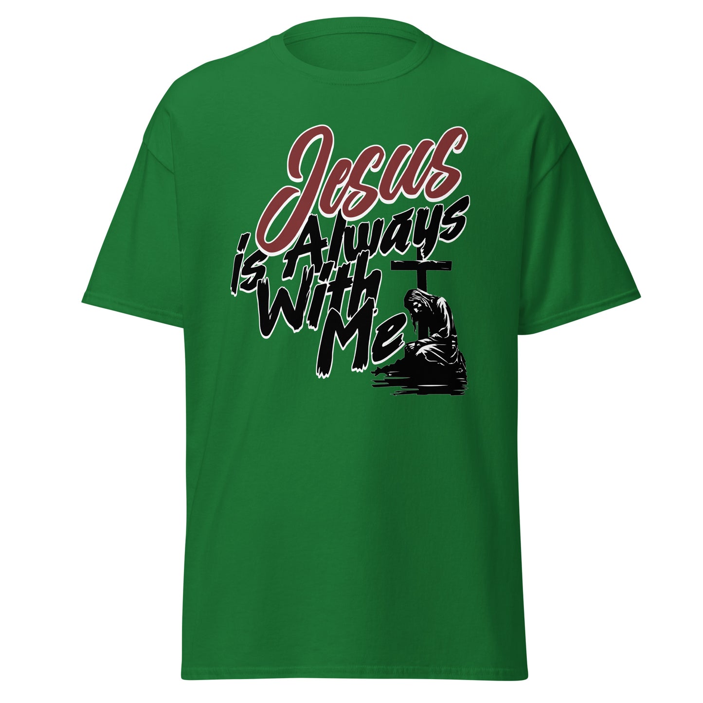 green t-shirt with 'Jesus is Always With Me' text and cross graphic