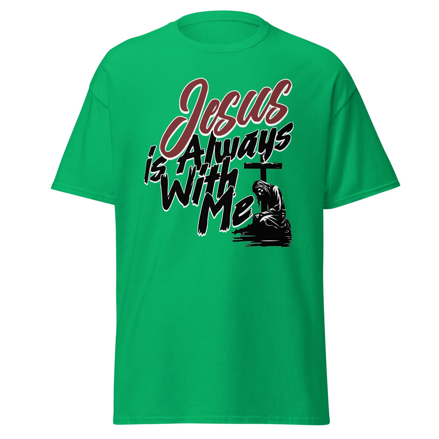 green t-shirt with 'Jesus is Always With Me' text and cross graphic