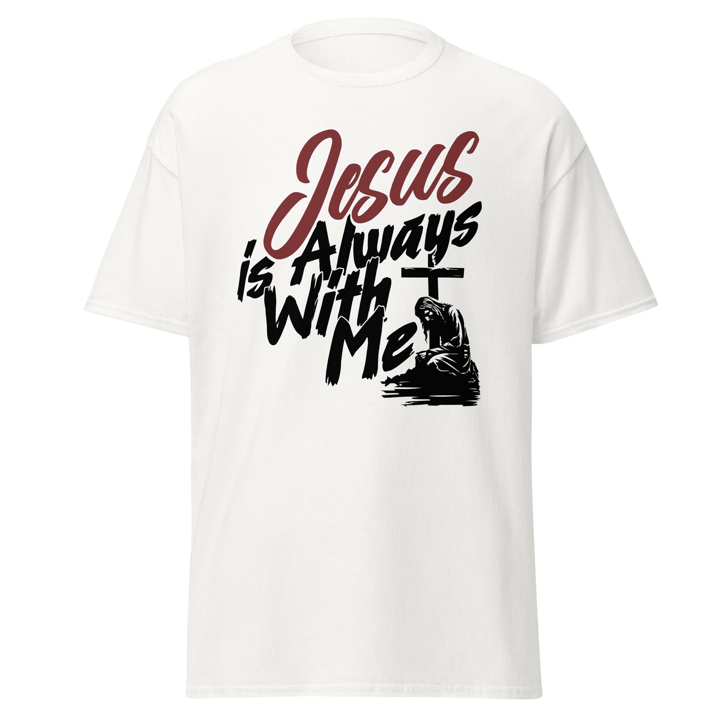 White t-shirt with 'Jesus is Always With Me' text and cross graphic