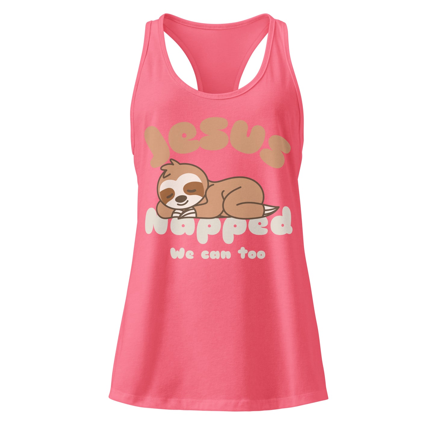 pink tank top with a sloth graphic and text that says 'jesus napped we can too'.