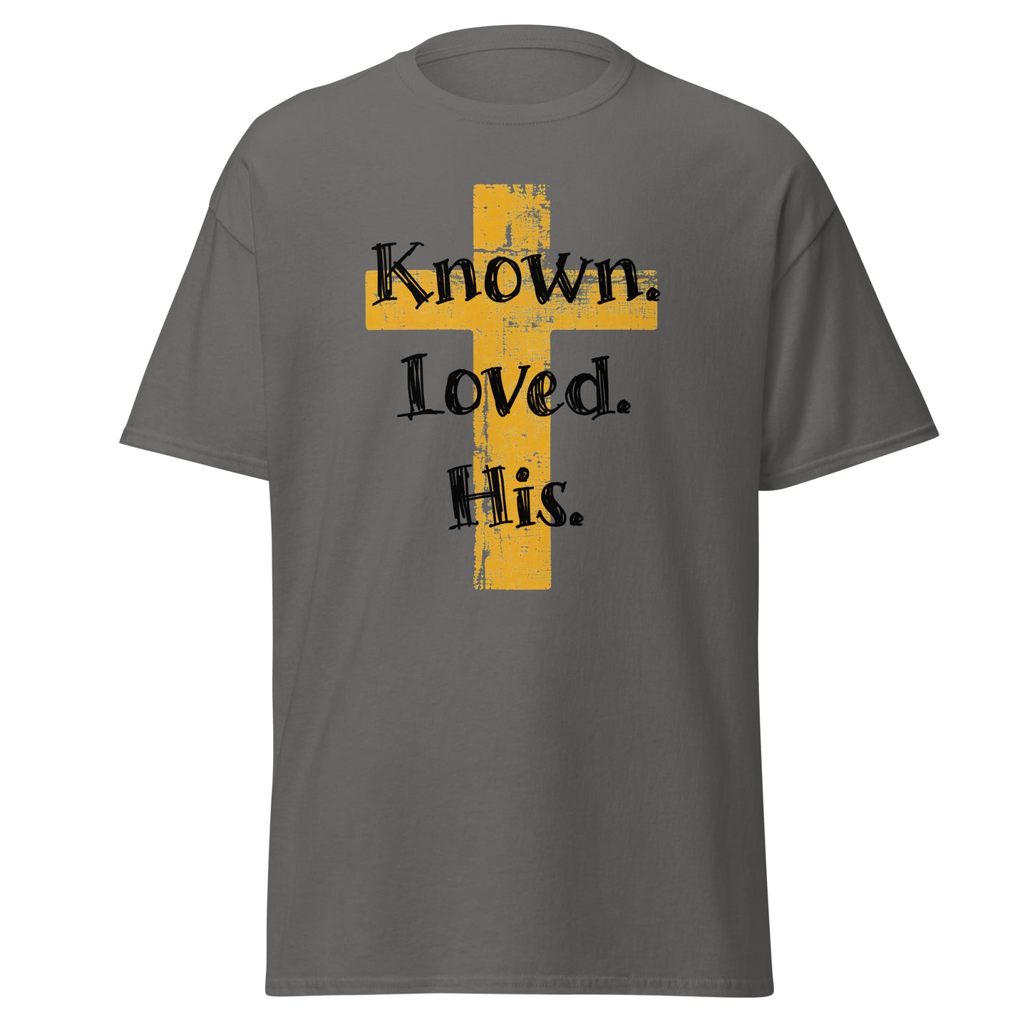 Charcoal gray t-shirt that says "Known. Loved. His." overlaid on an image of a cross.