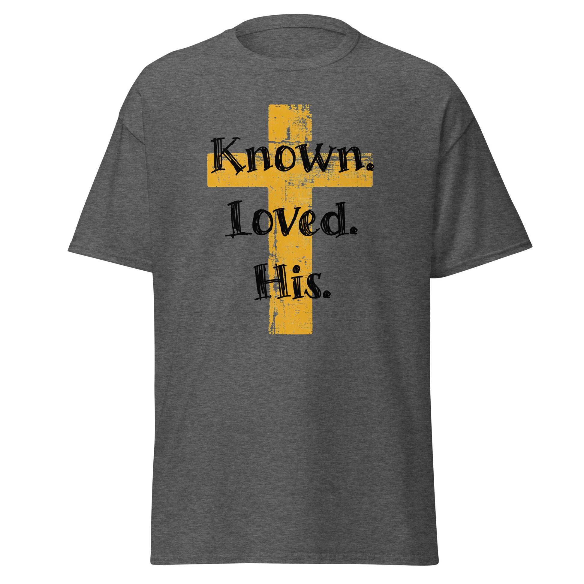 dark heather gray t-shirt that says "Known. Loved. His." overlaid on an image of a cross.