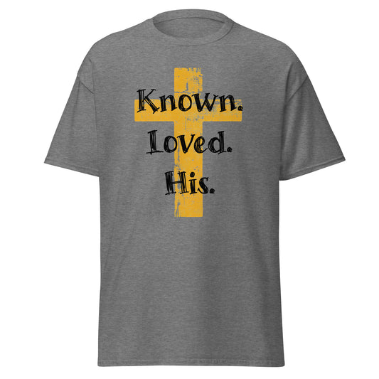heather gray t-shirt that says "Known. Loved. His." overlaid on an image of a cross.