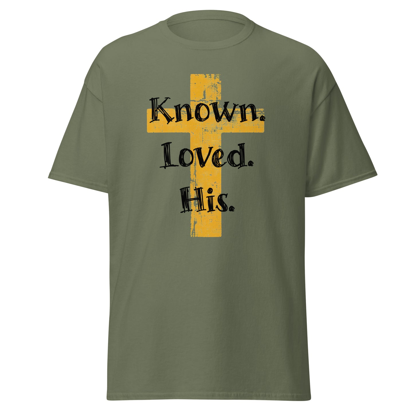 millitary green t-shirt that says "Known. Loved. His." overlaid on an image of a cross.