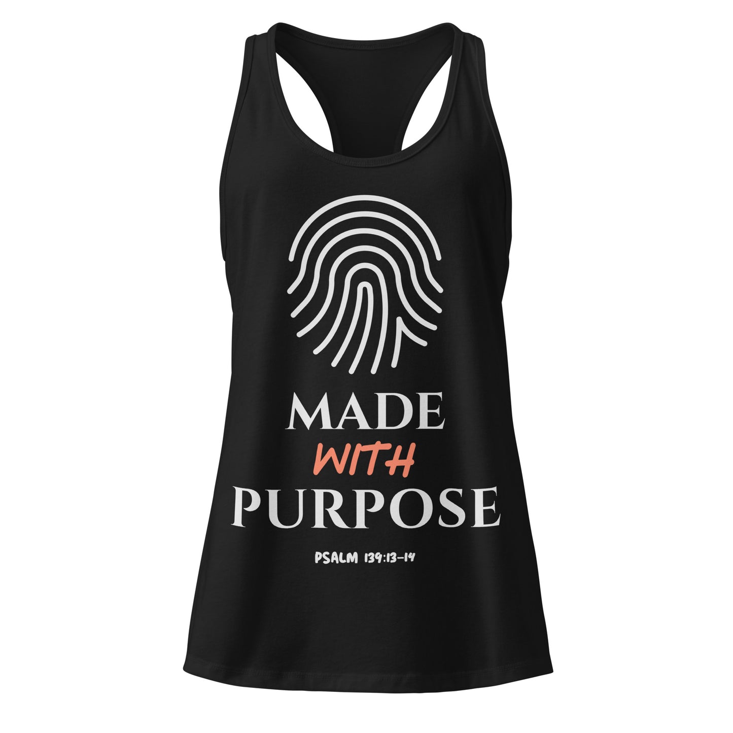 Black tank top with 'Made with Purpose' text and fingerprint design
