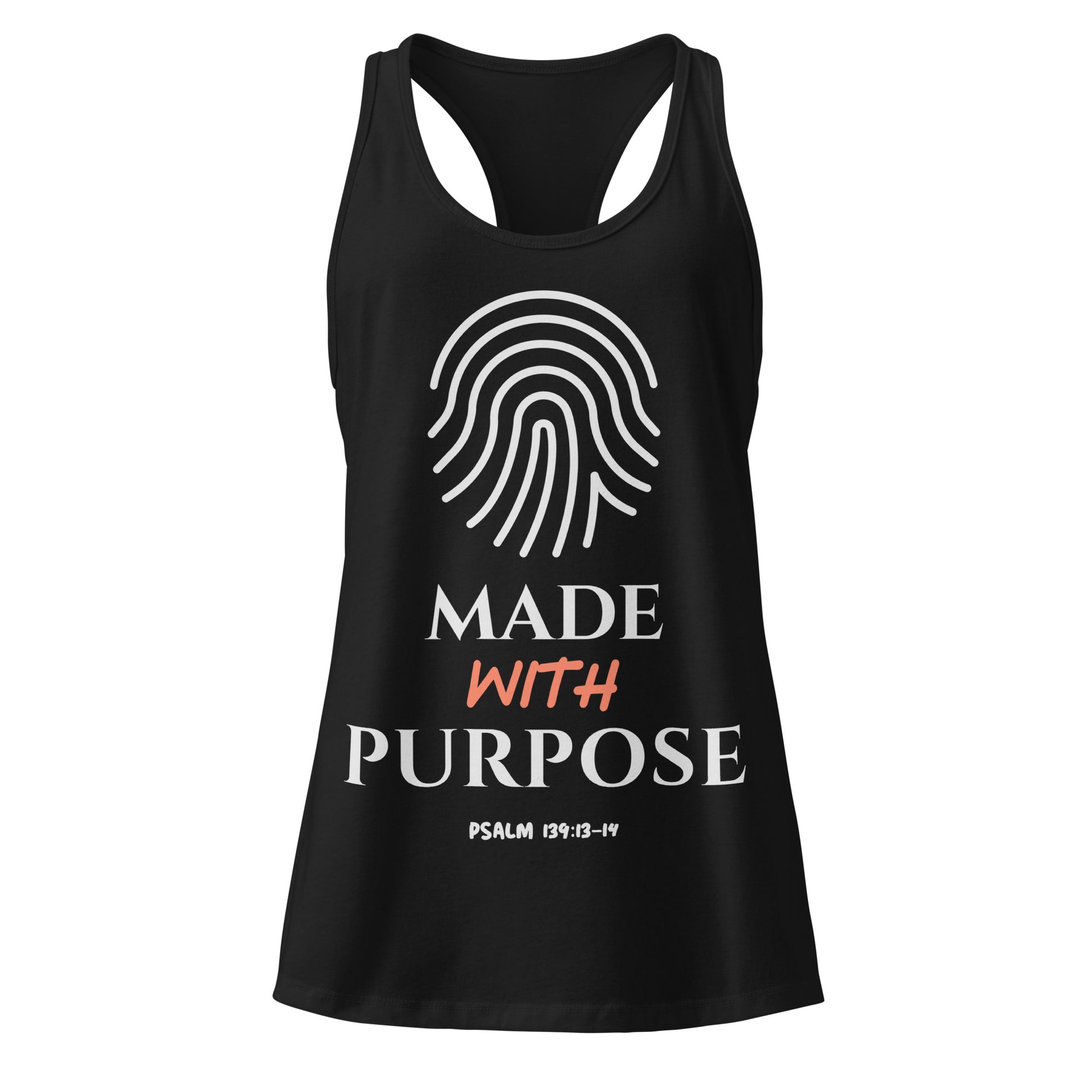 Black tank top with 'Made with Purpose' text and fingerprint design