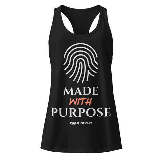 Black tank top with 'Made with Purpose' text and fingerprint design