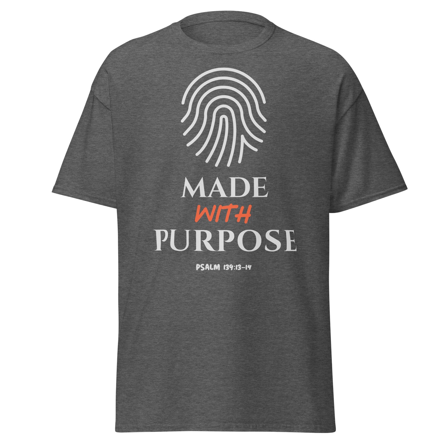 Gray t-shirt with a fingerprint design and 'Made with Purpose' text