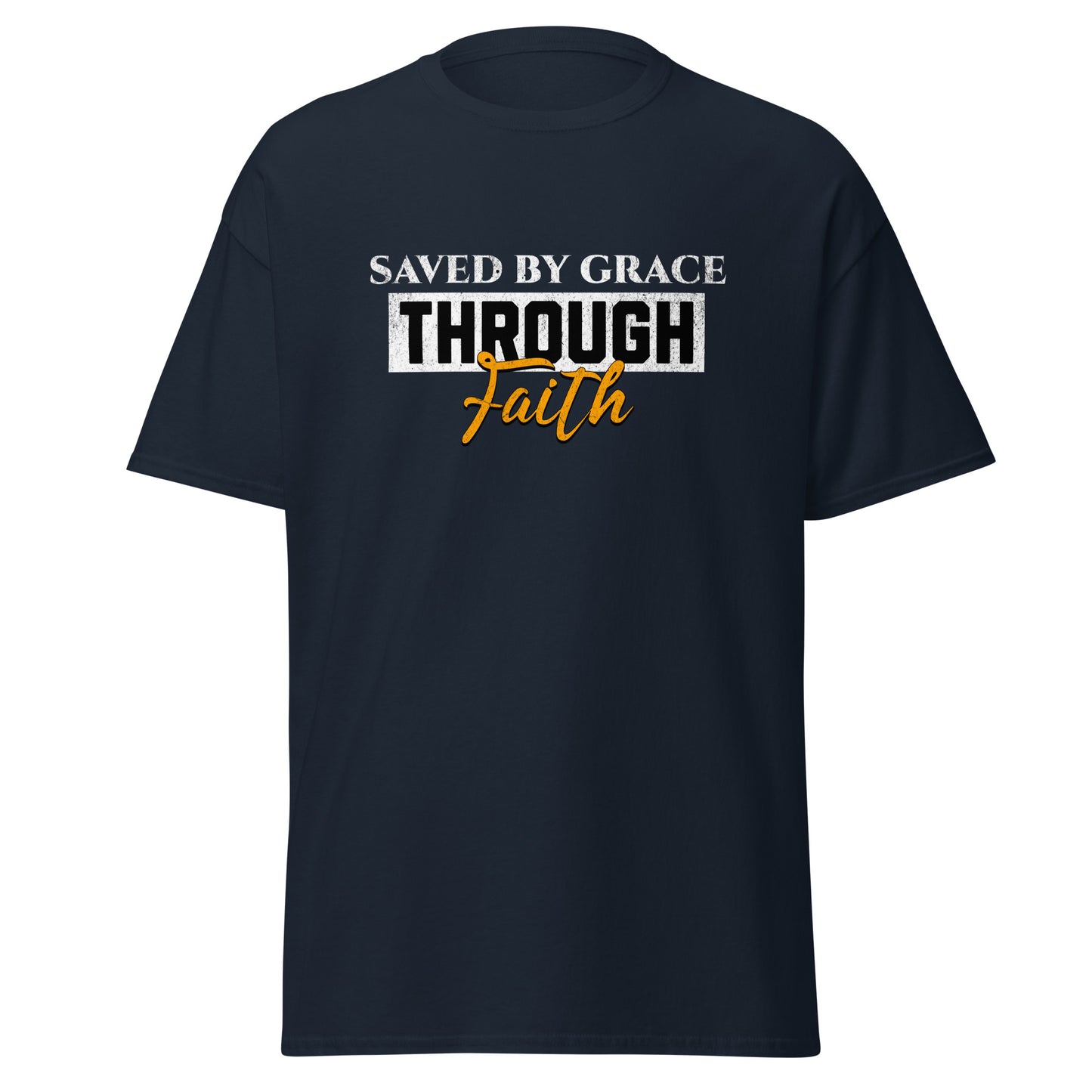 navy t-shirt with 'Saved by Grace Through Faith'