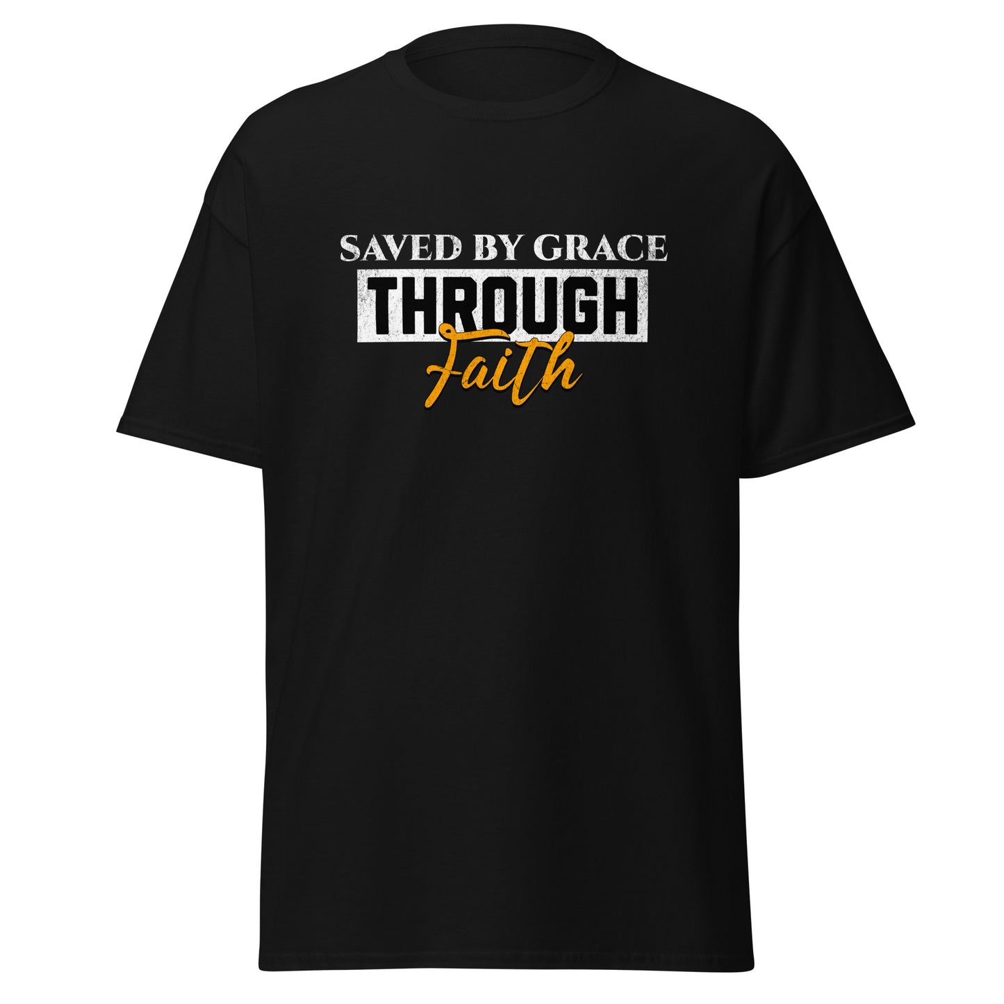 Black t-shirt with 'Saved by Grace Through Faith'