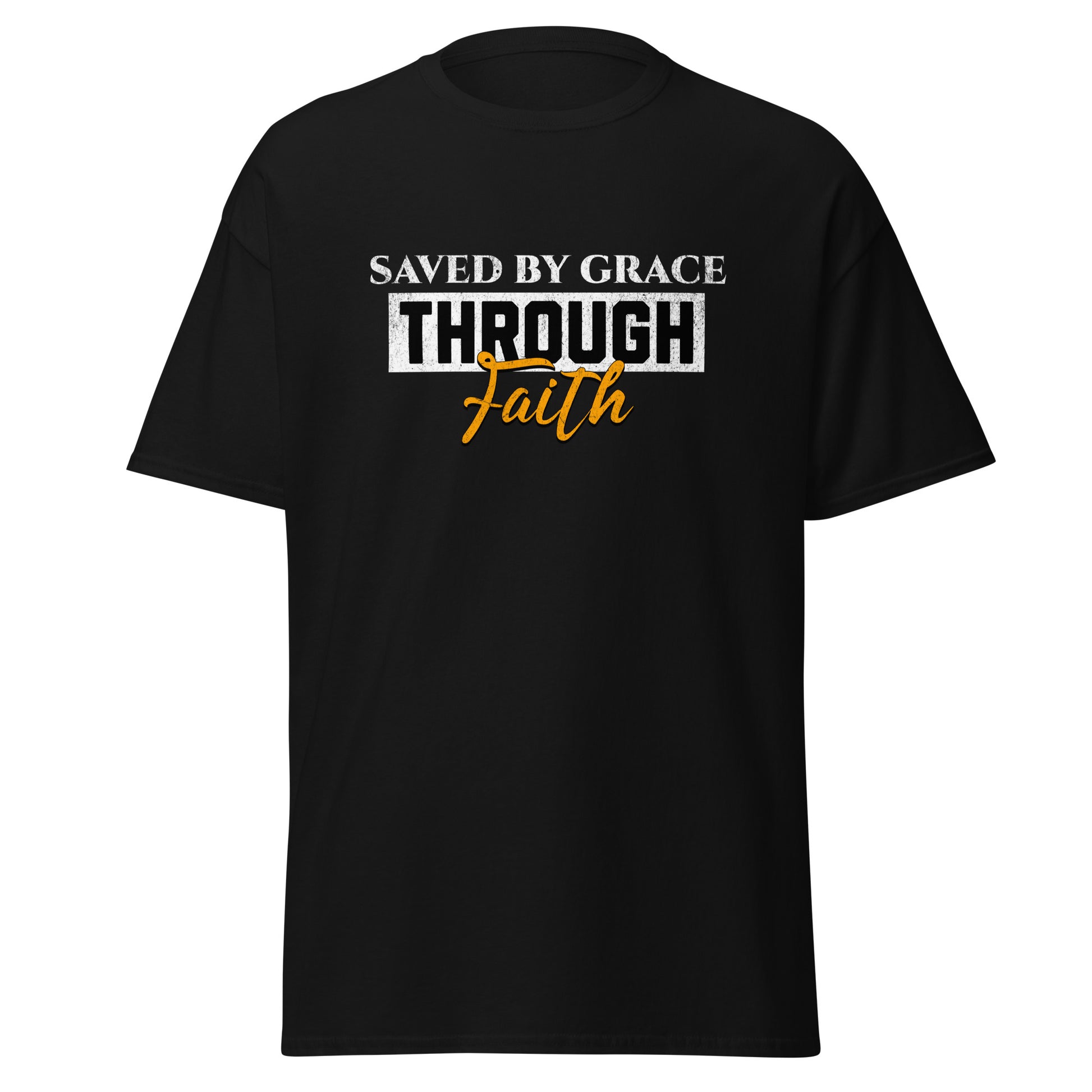 Black t-shirt with 'Saved by Grace Through Faith'