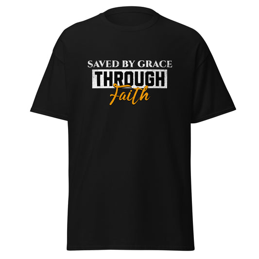 Black t-shirt with 'Saved by Grace Through Faith'