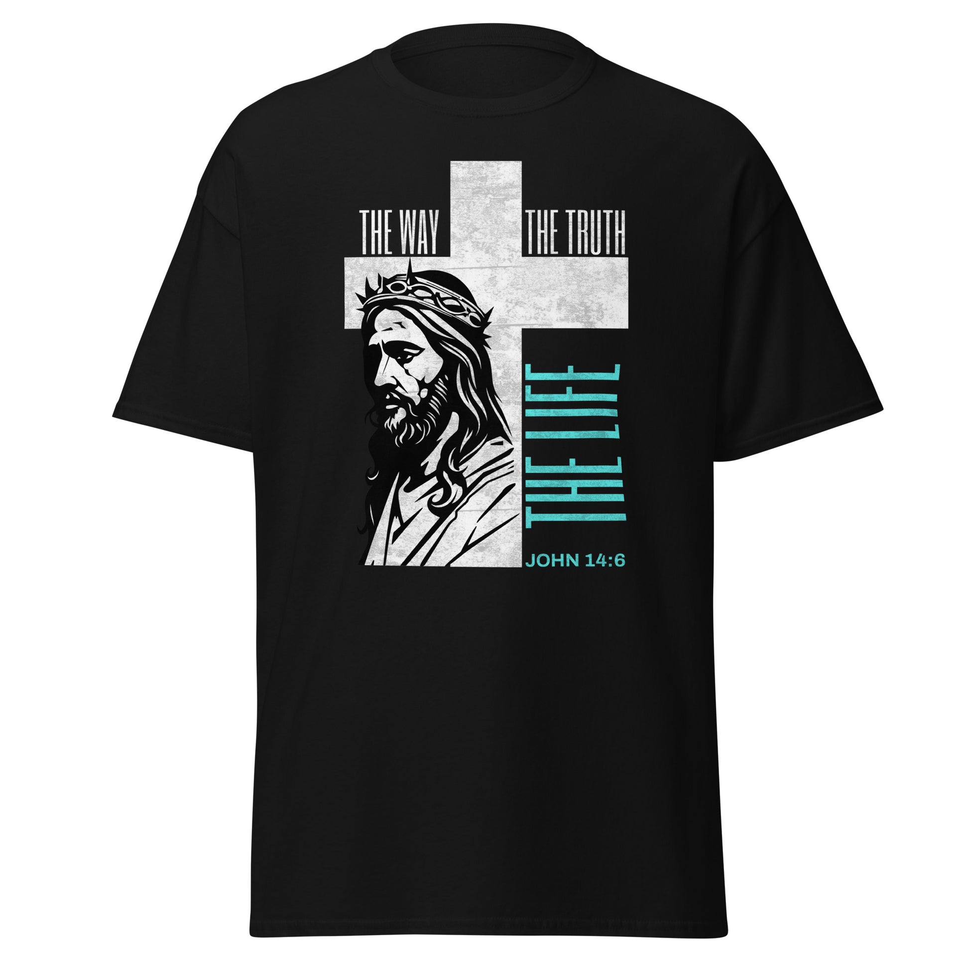 black t-shirt with a graphic of Jesus on a cross and text 'The Way, The Truth, The Life'