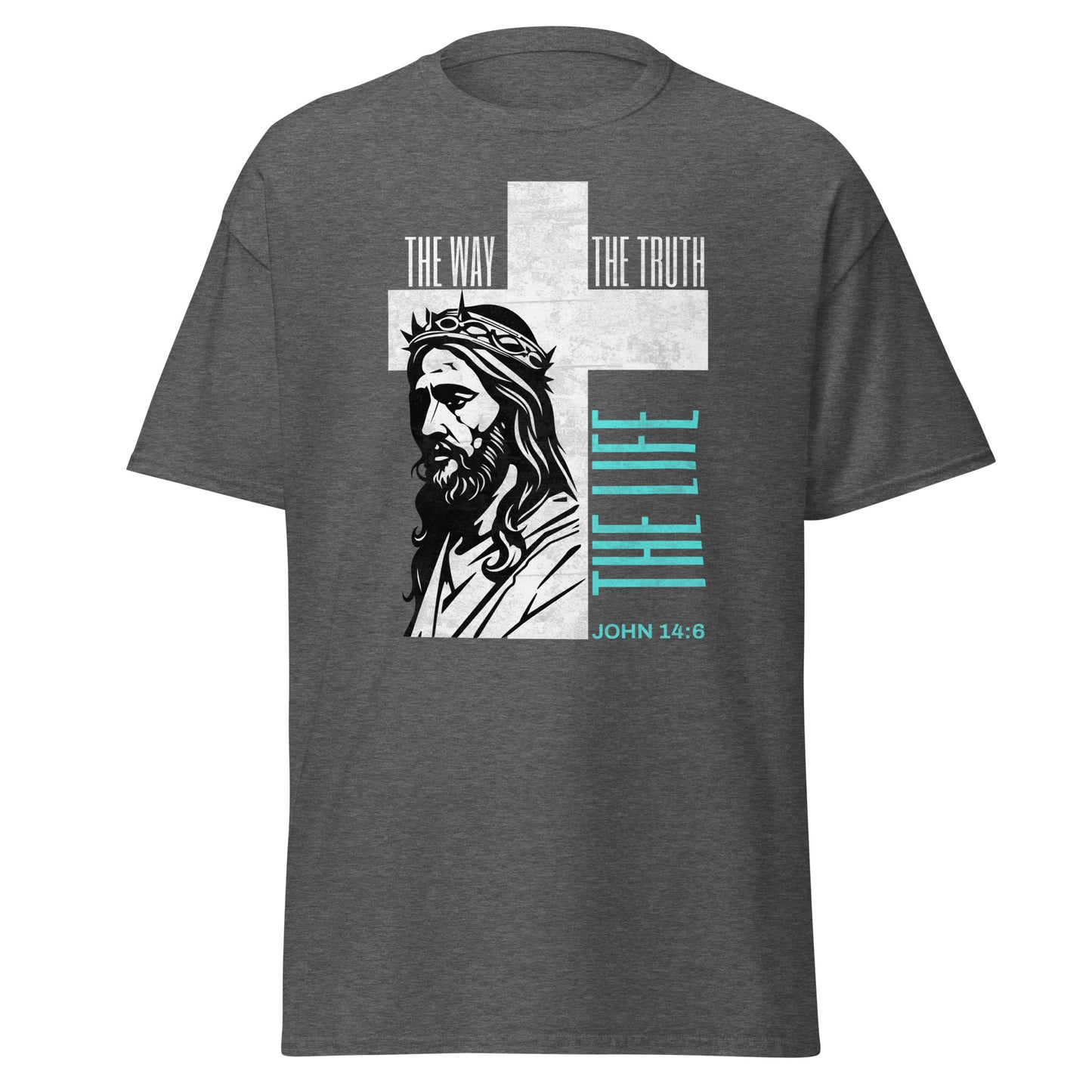 gray t-shirt with a graphic of Jesus on a cross and text 'The Way, The Truth, The Life'