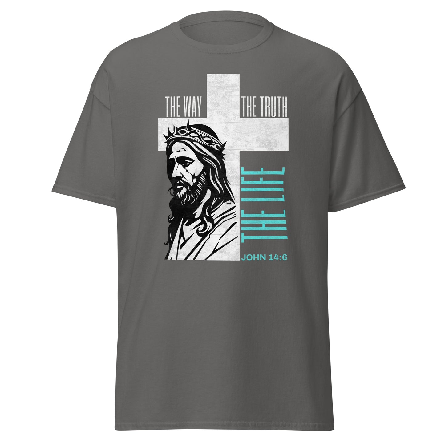 Gray t-shirt with a graphic of Jesus on a cross and text 'The Way, The Truth, The Life'