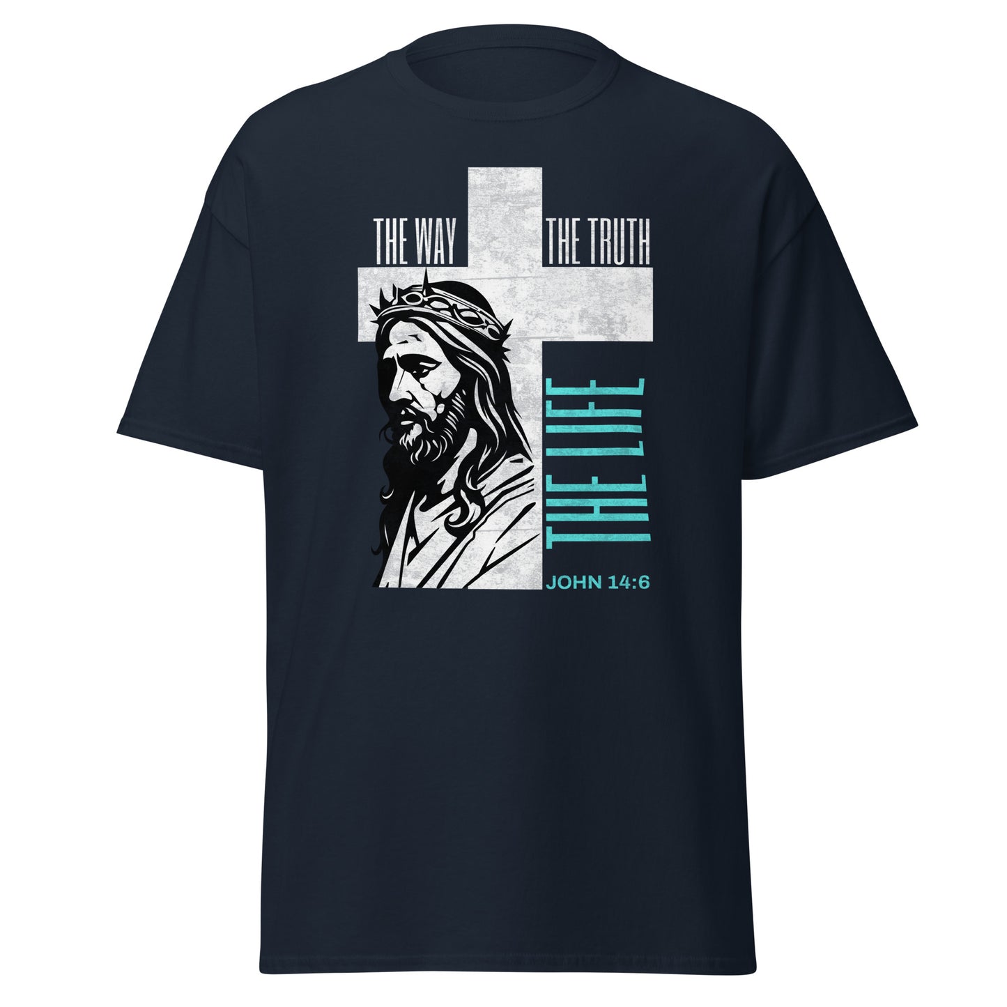 navy t-shirt with a graphic of Jesus on a cross and text 'The Way, The Truth, The Life'