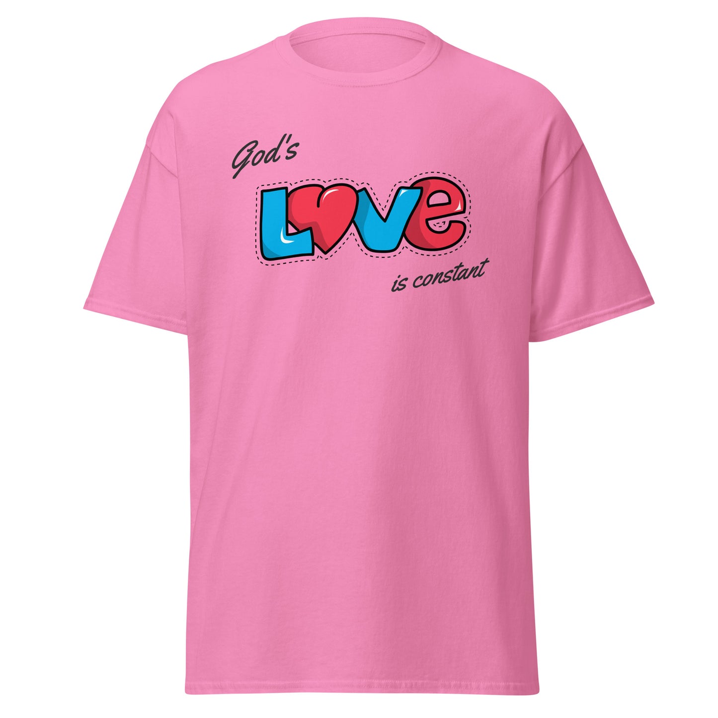 Pink t-shirt with 'God's Love is Constant' text design on a white background