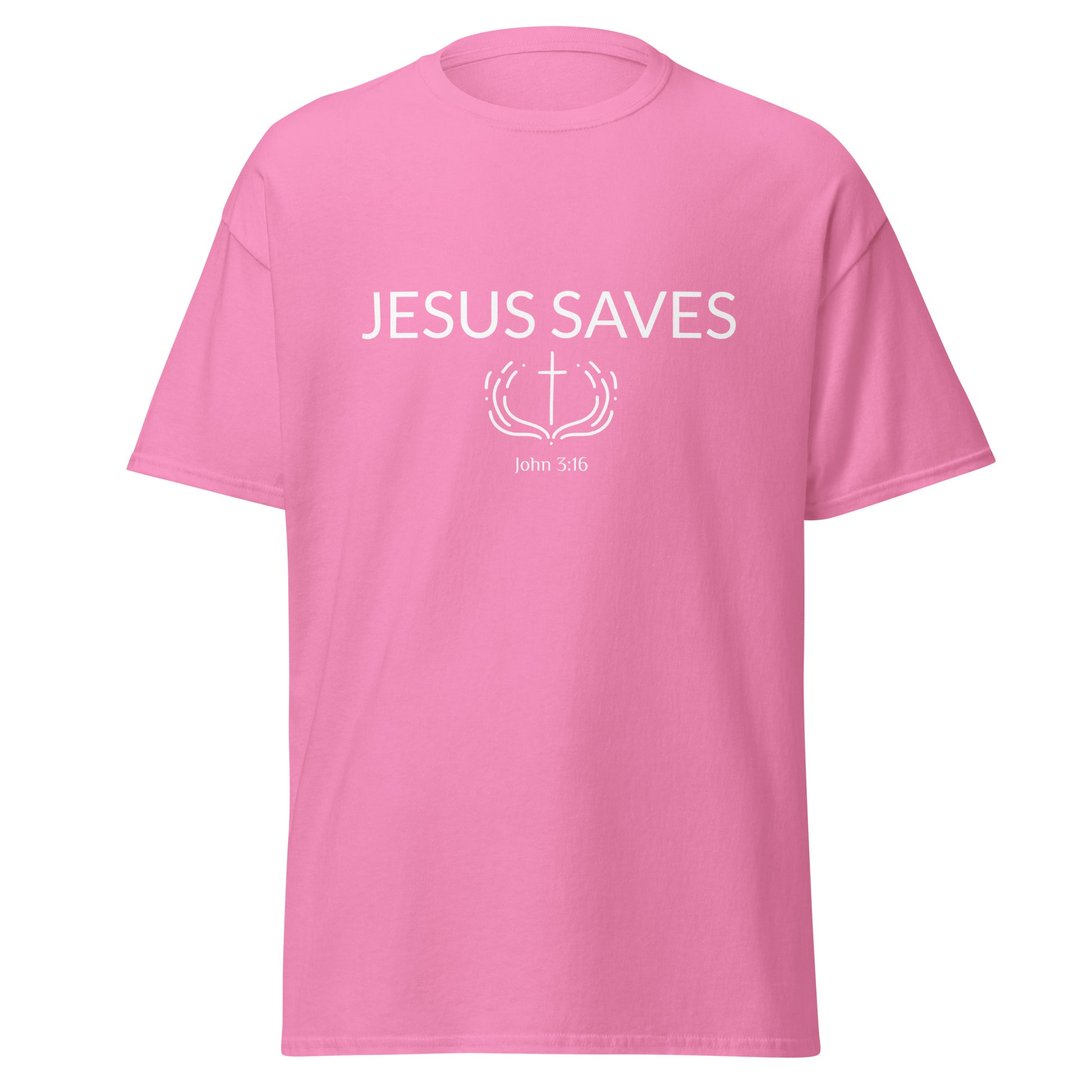 Pink t-shirt with 'Jesus Saves' text and cross design on a white background