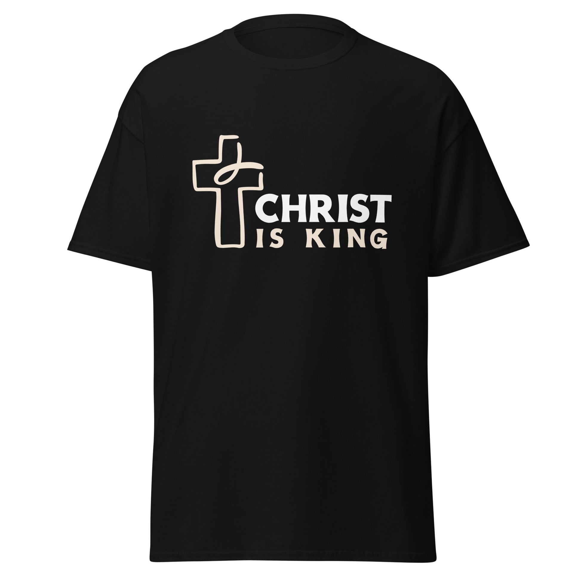 Black t-shirt with 'Christ is King' text and cross design on a white background