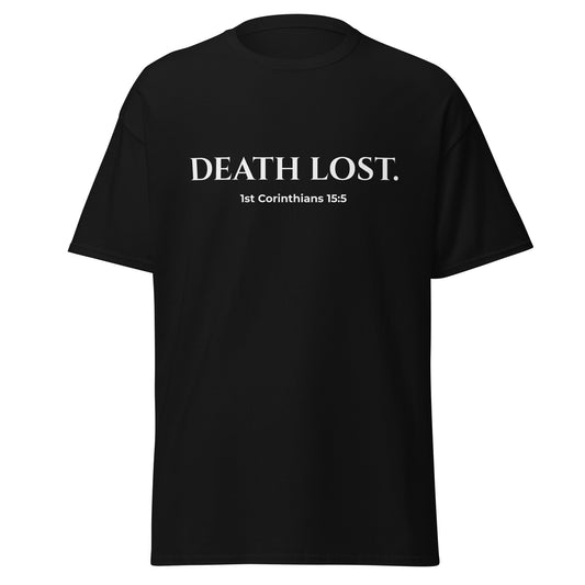 Black t-shirt with 'DEATH LOST. 1st Corinthians 15:5' text on a white background