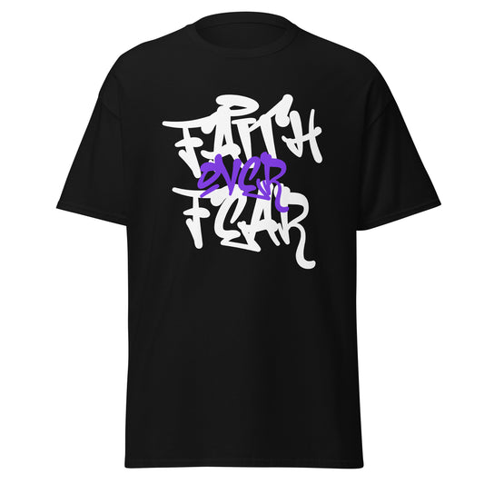Black t-shirt with white and purple text design on a white background