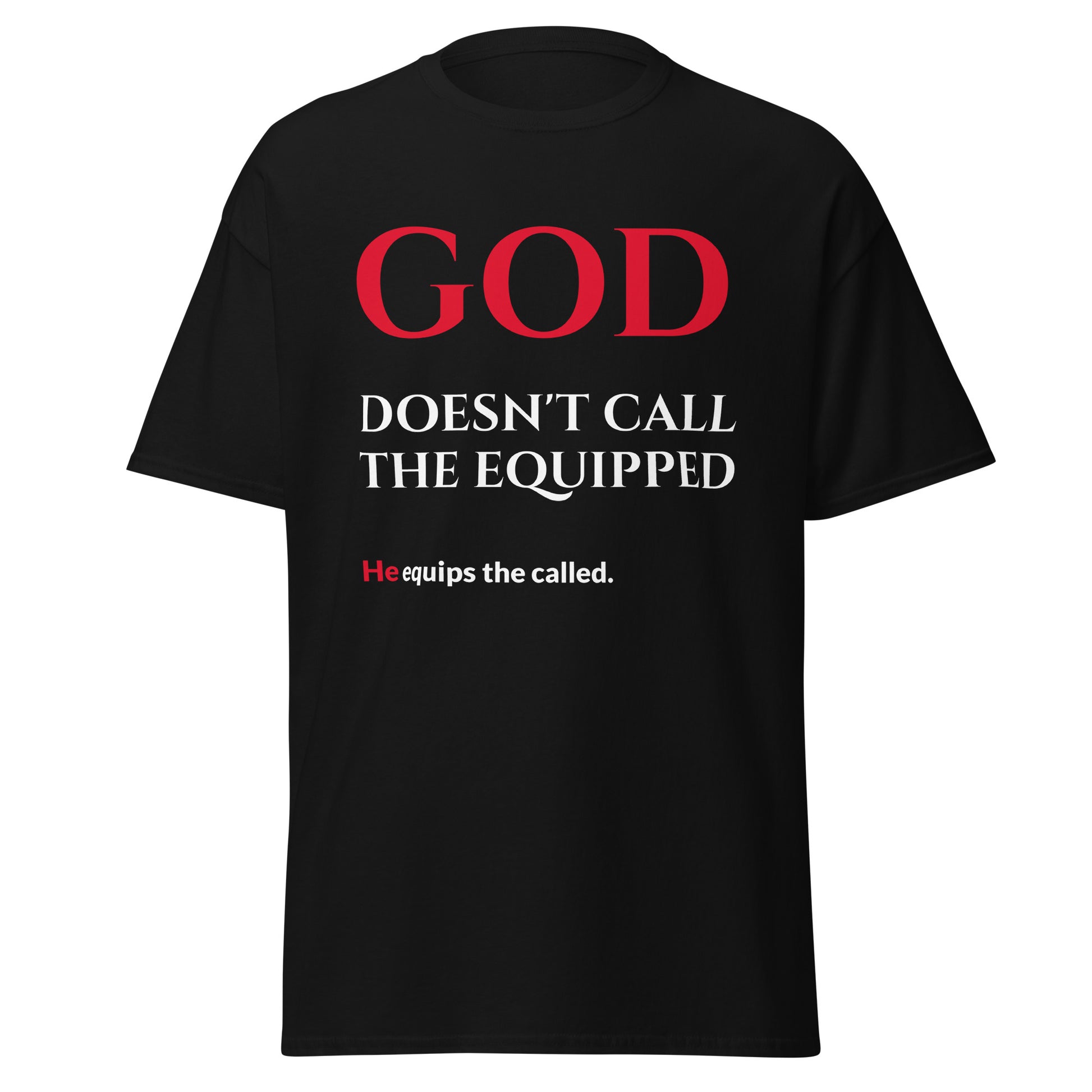Black t-shirt with red and white text on a white background