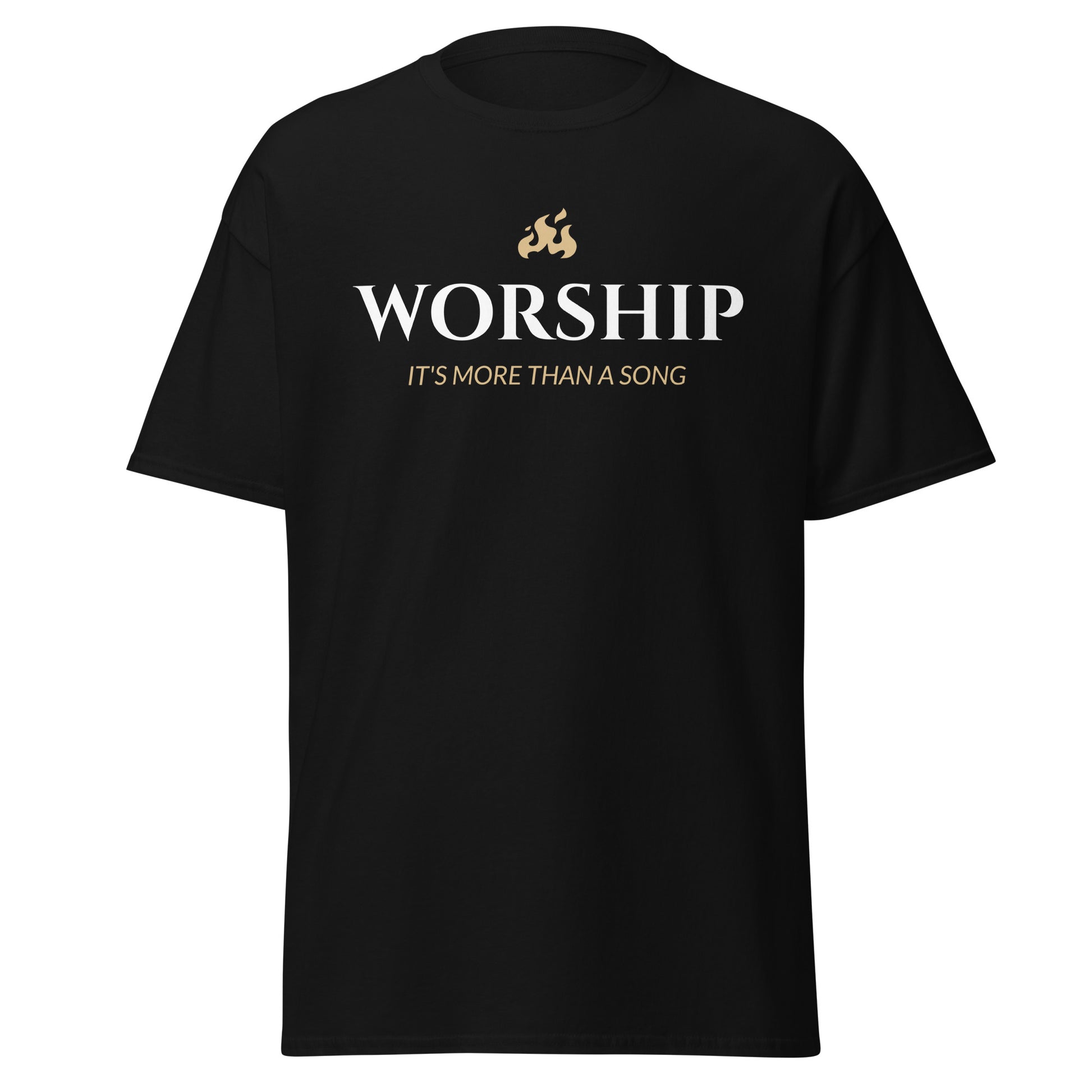 Black t-shirt with 'WORSHIP IT'S MORE THAN A SONG' text on a white background