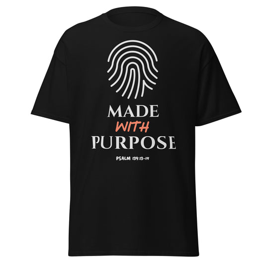 Black t-shirt with a fingerprint design and 'Made with Purpose' text on a white background
