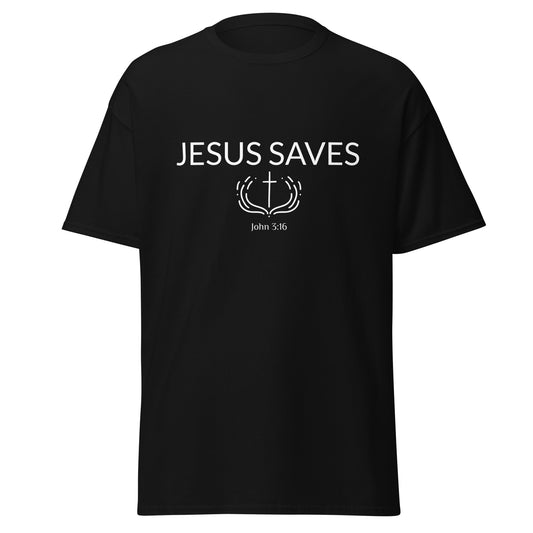 Black t-shirt with 'Jesus Saves' text and cross design on a white background