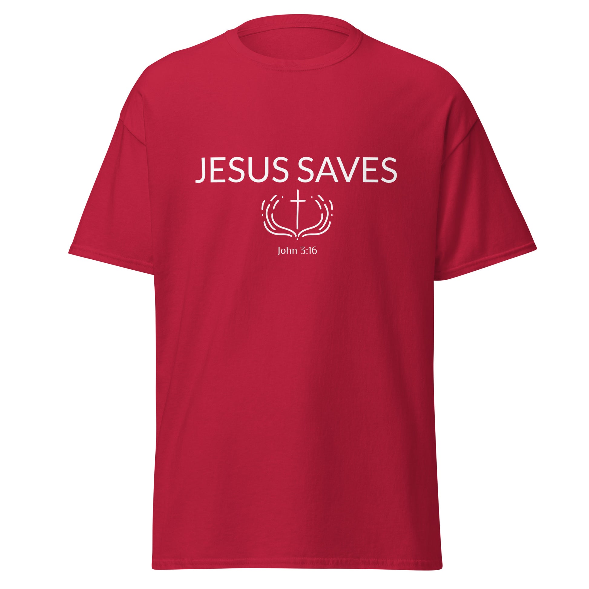 Red t-shirt with 'Jesus Saves' text and cross design on a white background