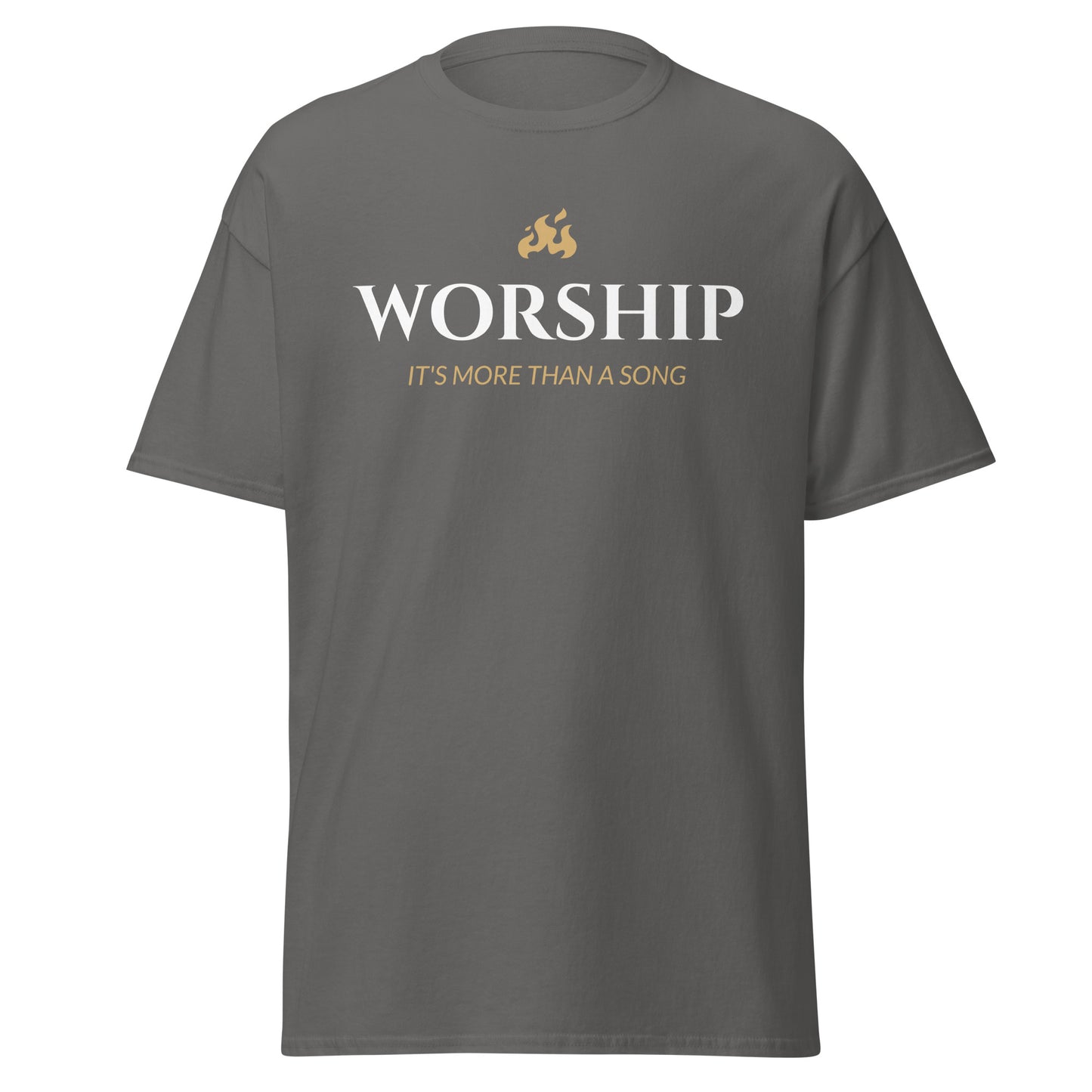 Gray t-shirt with 'WORSHIP IT'S MORE THAN A SONG' text on a white background