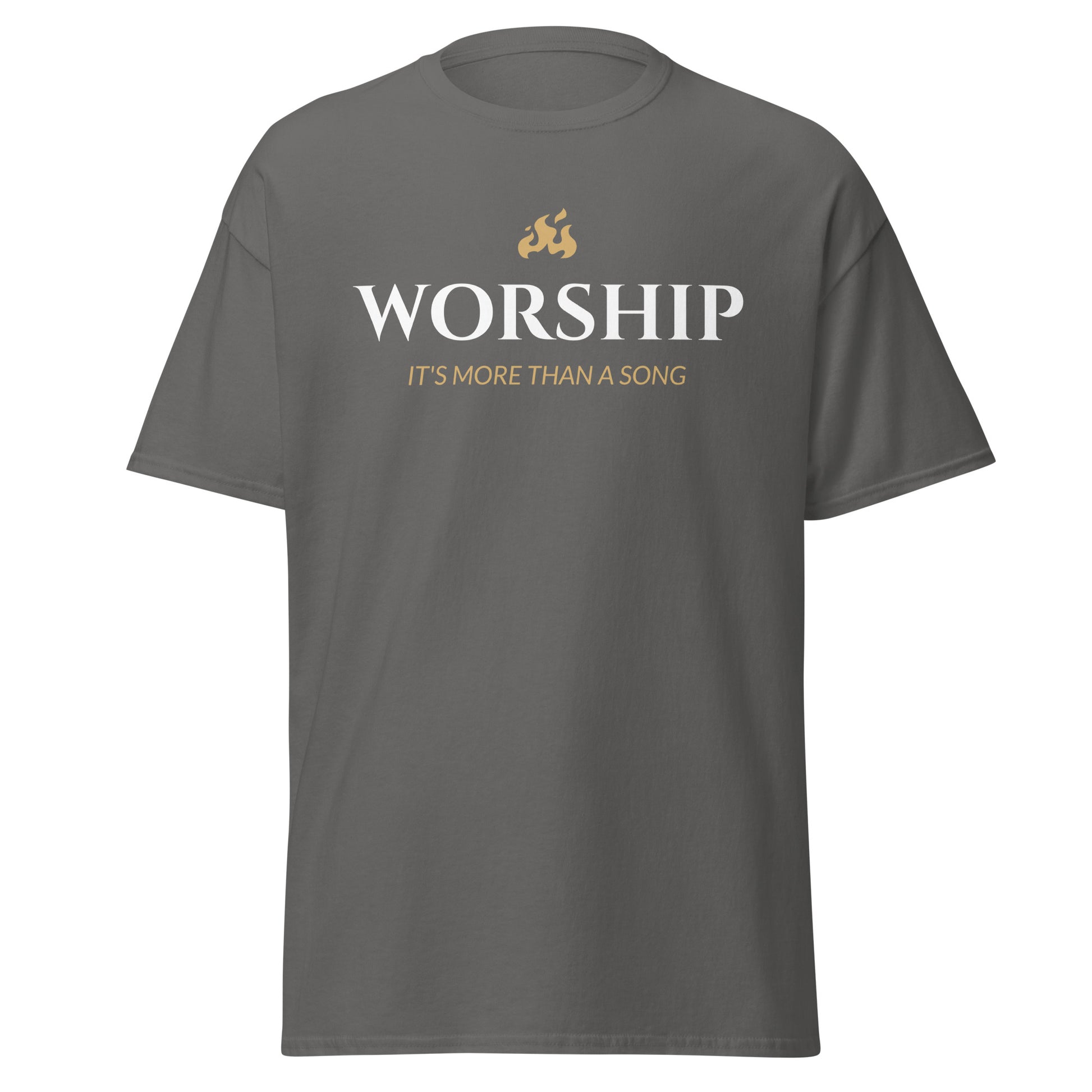 Gray t-shirt with 'WORSHIP IT'S MORE THAN A SONG' text on a white background