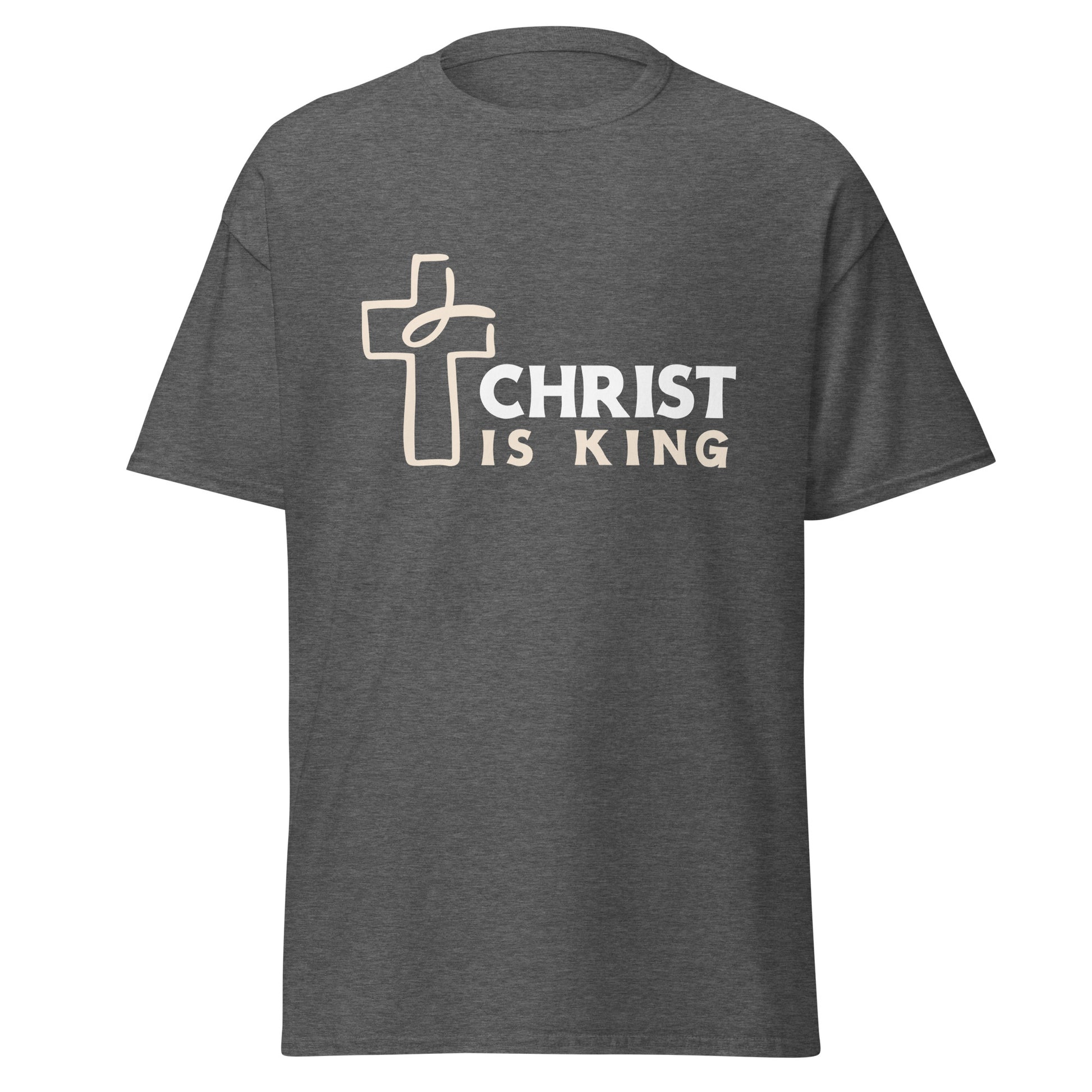 Gray t-shirt with 'Christ is King' text and cross design on a white background