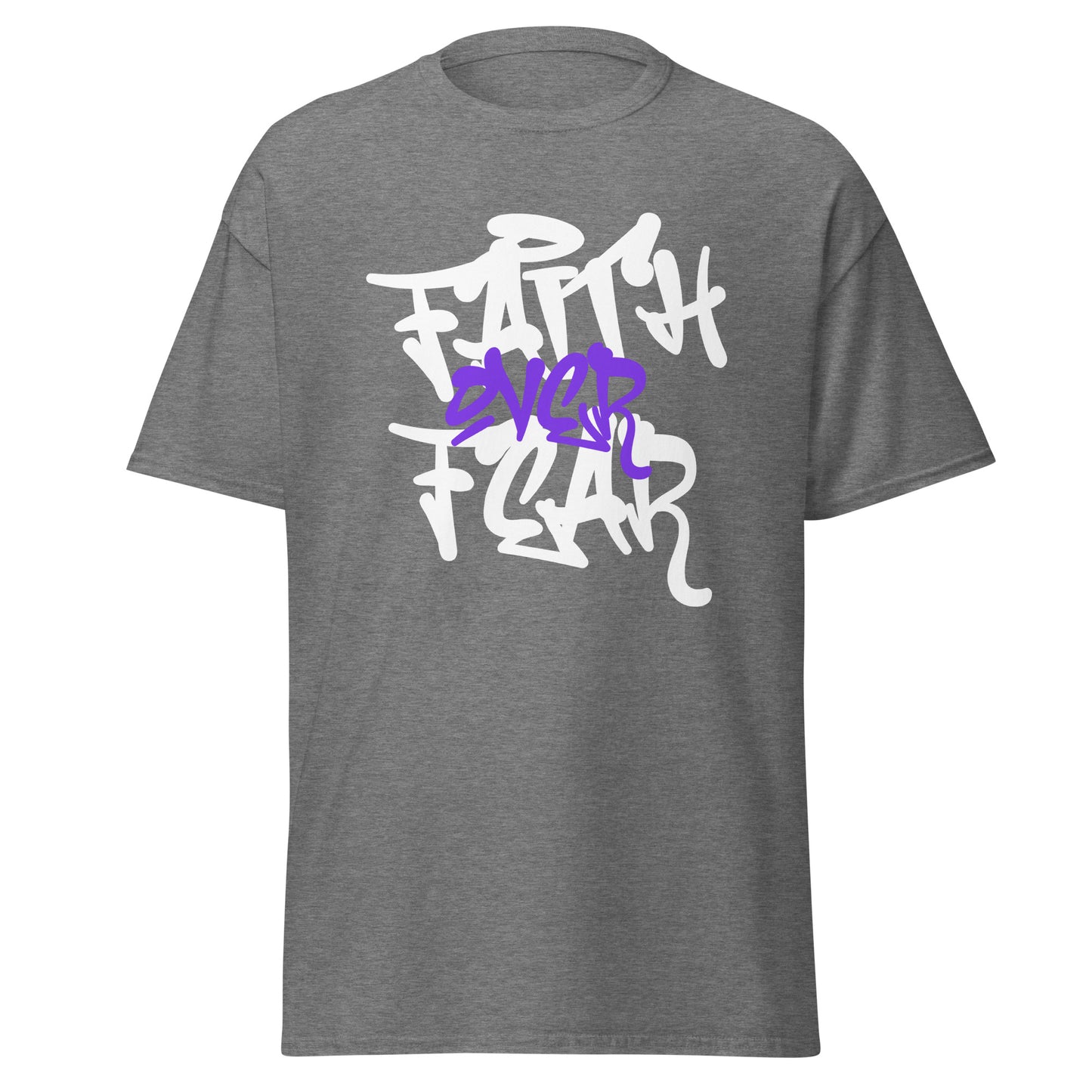 Gray t-shirt with white and purple text design on a white background