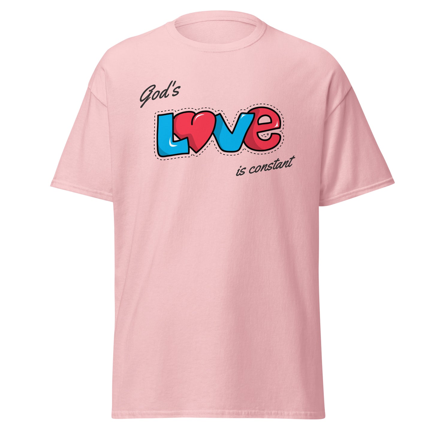 Pink t-shirt with 'God's Love is Constant' text and heart design on a white background