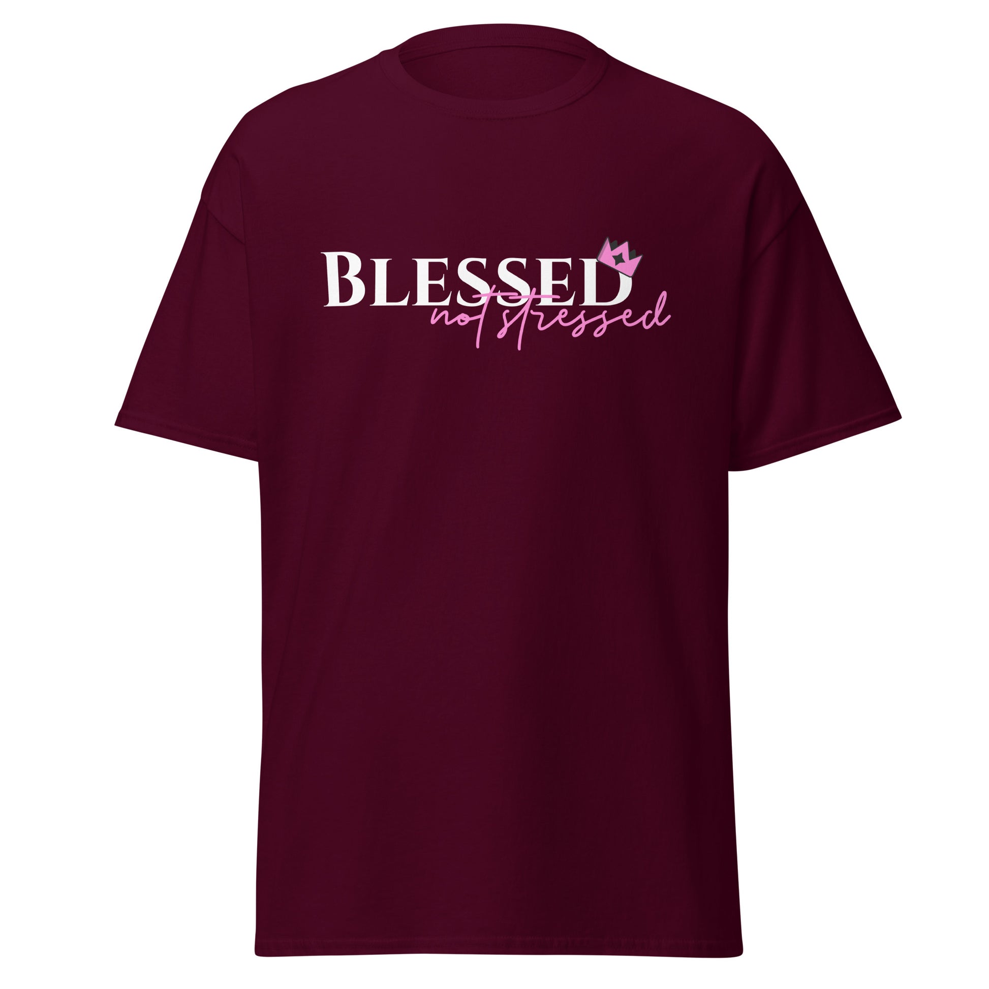 Maroon t-shirt with 'Blessed not stressed' text on a white background