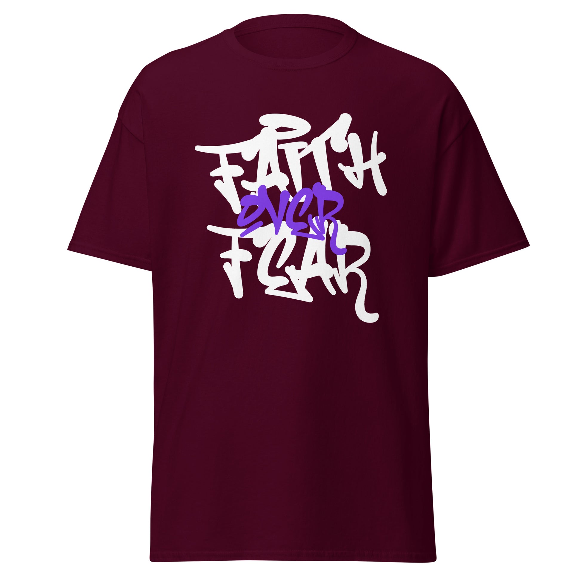 Maroon t-shirt with white and purple text on a white background